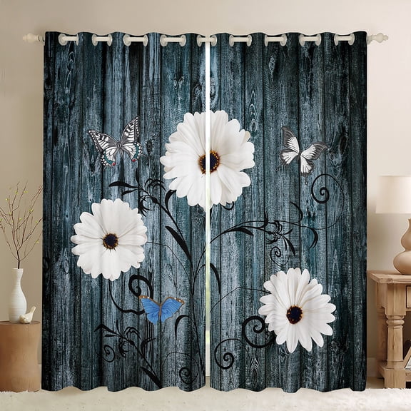 Manfei Rustic Flower Daisy Curtains Pack of 2 (42x84 Each),Countryside Farmhouse Lodge Curtains Blackout,Blue White Bedroom Curtains For Girls Kids,Microfiber Bedroom Decor