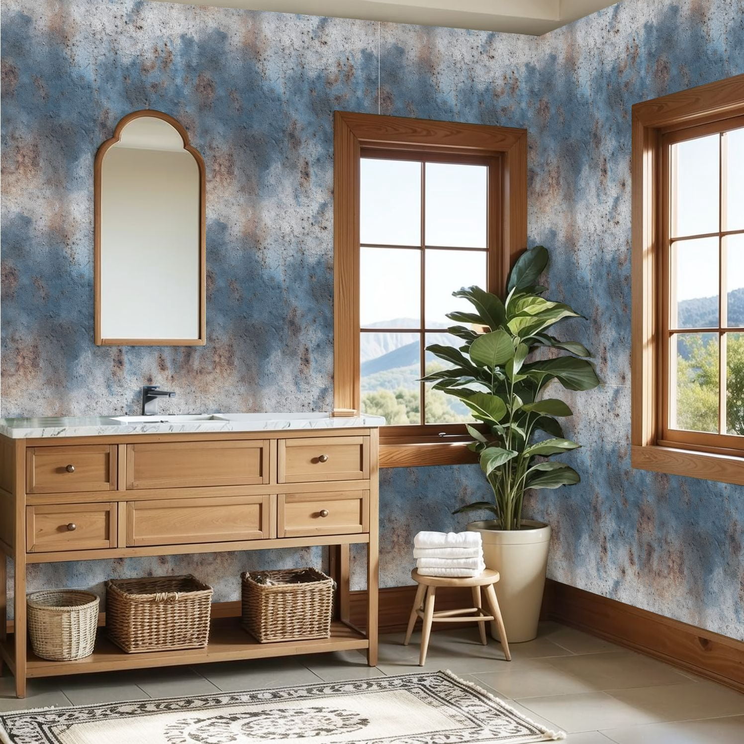 Modern Industrial Weathered Concrete Texture Blue Gray Paint Rust Stains Wall Mural 23.6in x 9.8ft Self Adhesive Removable Wall Paper Renter Friendly Wallpaper for Bedroom Cabinets
