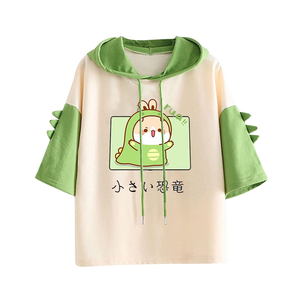 Cartoon Dinosaur Womens Sweatshirt,Topassion Girl’s Cute Multicolored Animal Dragon Cartoon Print Casual Long Sleeves Splice Sweatshirt Letter Print Drawstring Hoodies Green 