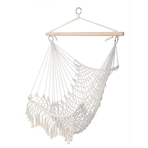 White Hanging Swing Hammock With Wood Stretcher Nylon Mesh Cotton Rope Porch Bed 