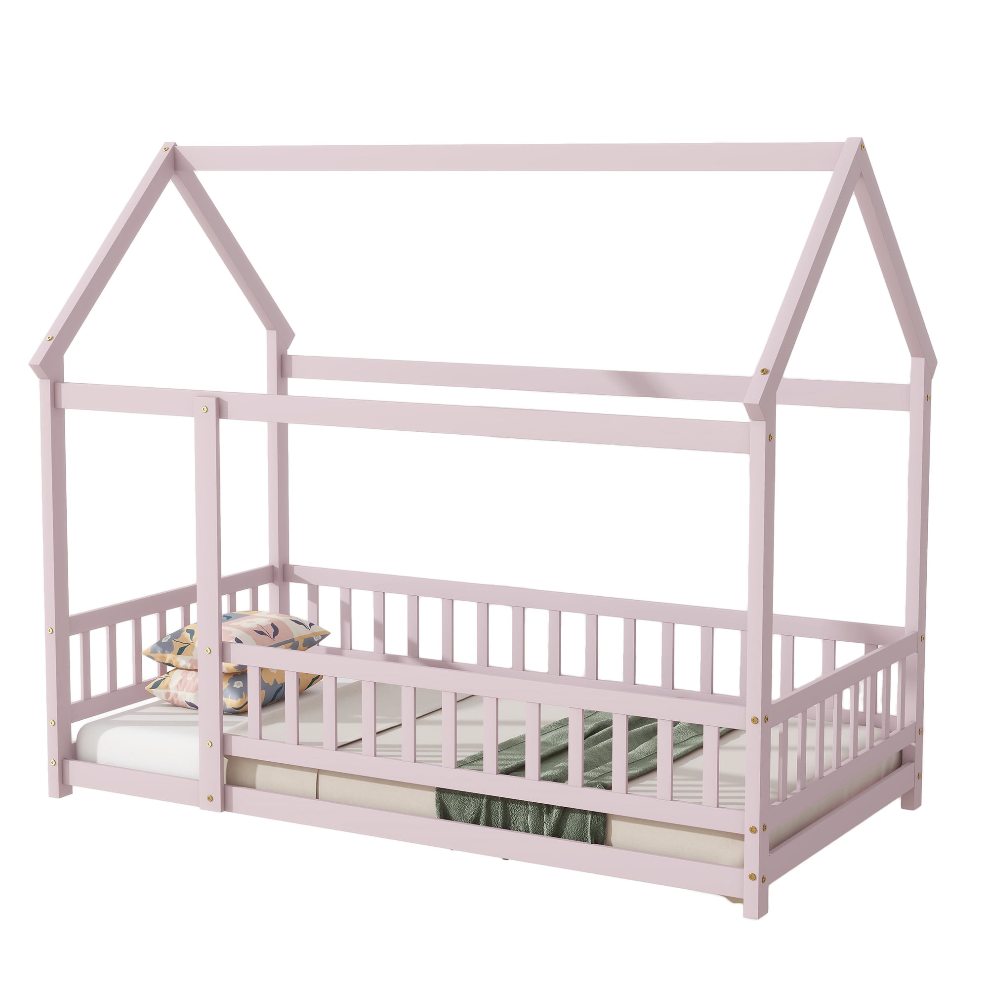 Leumius Twin Size House Floor Wooden Bed with Roof Frame, Safety Guardrails for Boys Girls Pink