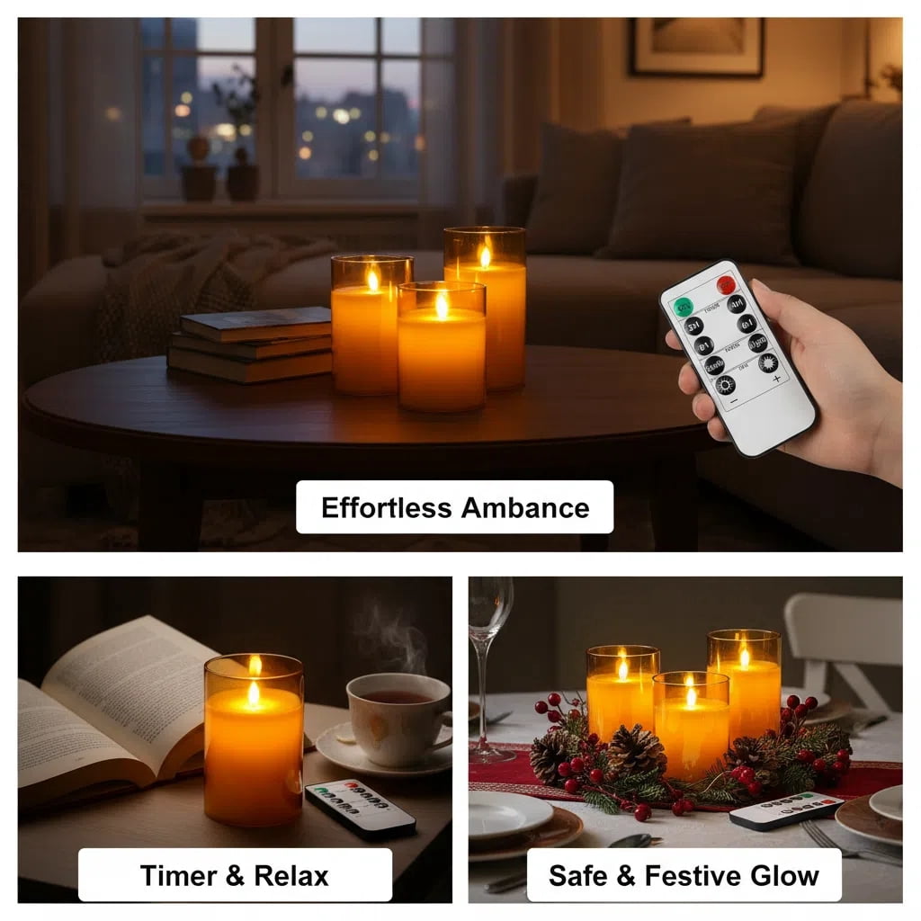 Goldprice Rechargeable Flameless Candle, LED Flickering Candles Tea Lights Pillar Candles Sets with Adjustable Brightness and Timing Remote, Battery Operated Acrylic USB Candles (D 3”×H 4”5”6”)