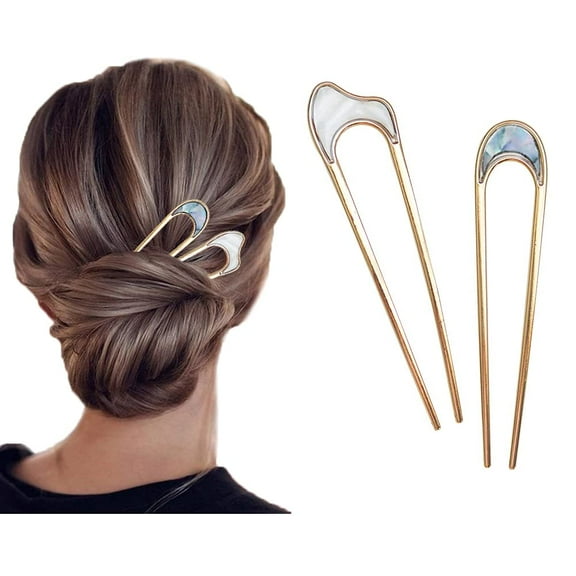 Shaped Hair Pins Clips 2 Pieces Gold Large Metal French Style Hair Pin Fork Stick 2 Prongs Updo Chignon Pins for Women Girls Buns Thin Thick Hair Accessories