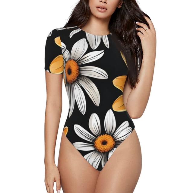 Saiise Motif Marguerite Jaune Blanc Grenouillère à Manches Courtes Col Rond Pyjama Extensible avec Fermeture à Pression-Moyen