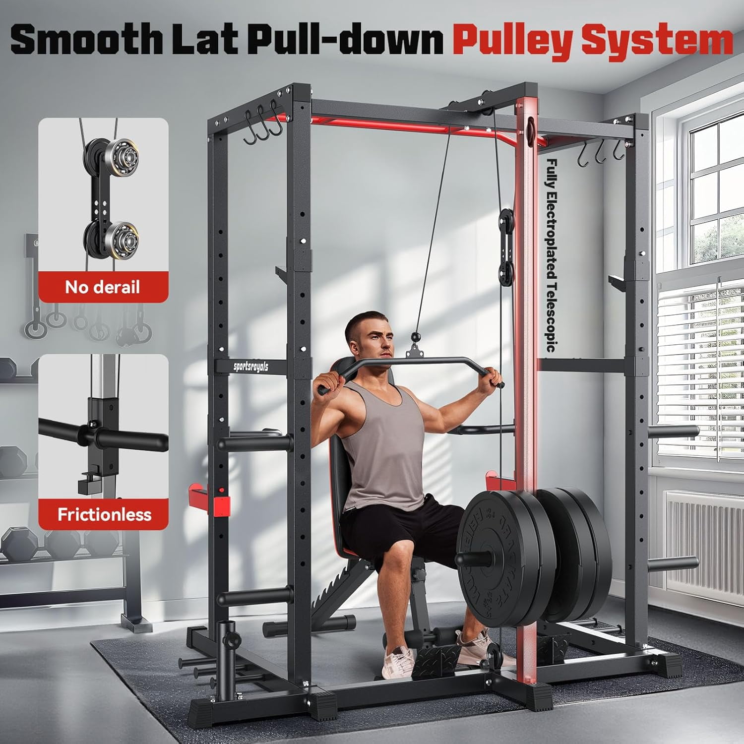 Sportsroyals Power Cage,1200lbs Multi-Function Power Rack with Adjustable Cable Crossover System Weight Cage for Home Gym,Red