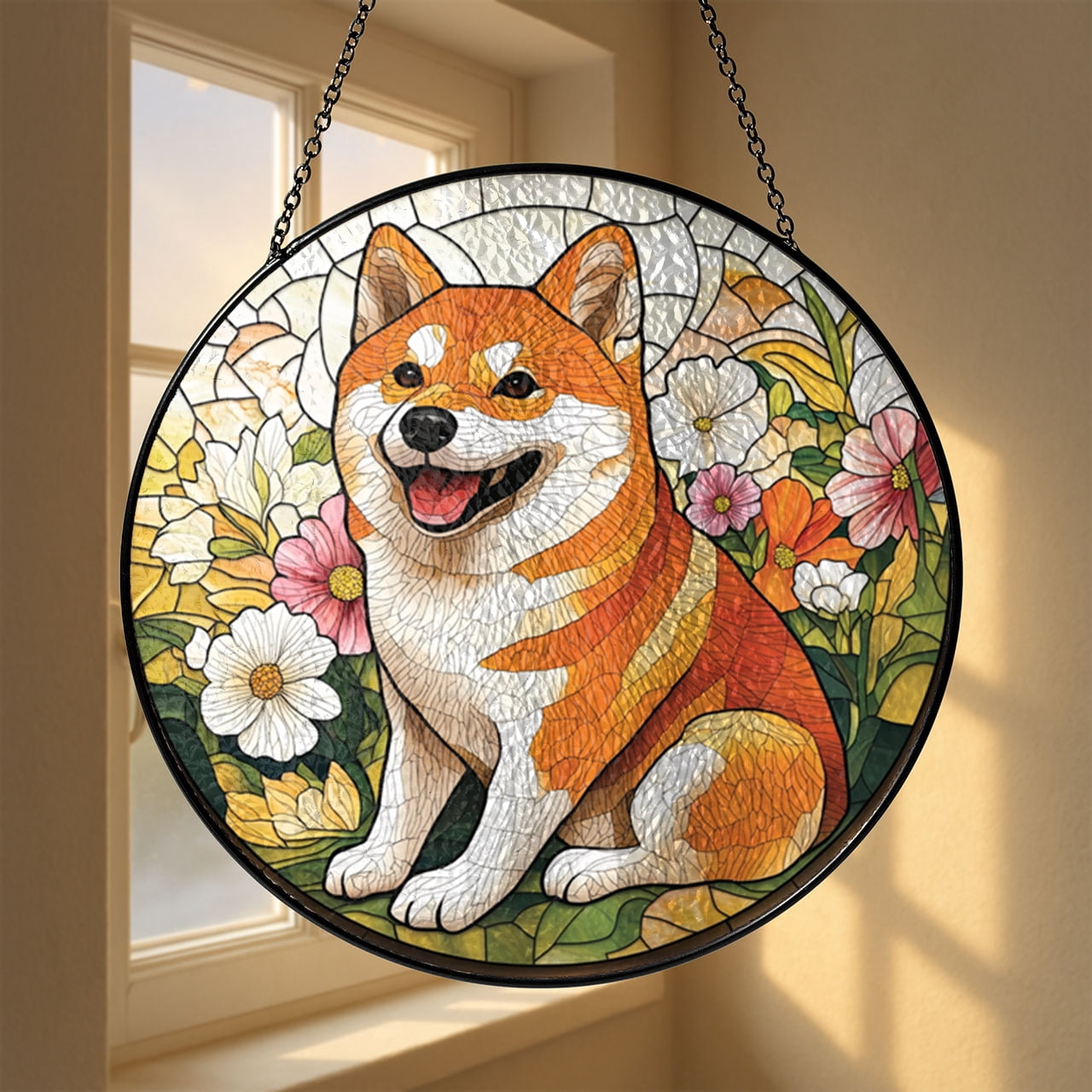 Colorful Shiba Inu Dog Glass Suncatcher, Window Hanging, Ideal Gift for Dog Enthusiasts