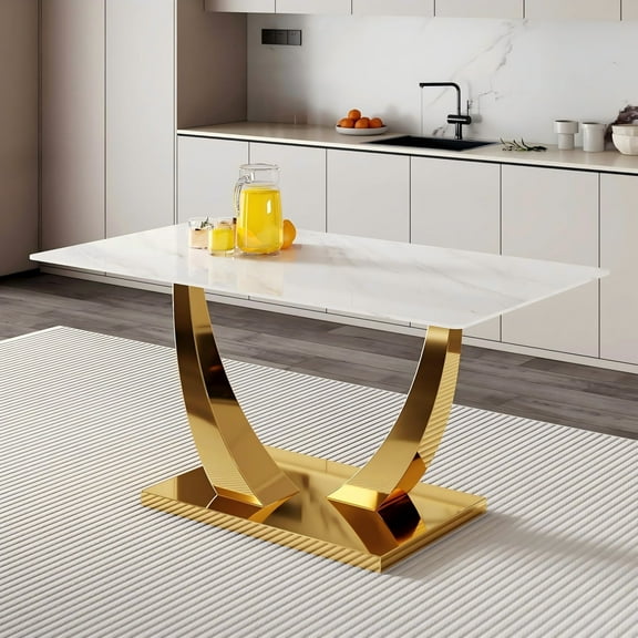 SUDICA 63" Rectangular Faux Marble Dining Table, Gold U-Shaped Metal Base, Modern Style for Dining Room Kitchen
