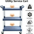 thumbnail image 4 of 3-Tier Utility Cart With Wheels, Heavy Duty Rolling Restaurant Cart 420lbs, Plastic Bus Cart With Lockable Wheels and Rubber Hammer for Warehouse/Office/Kitchen, Grey, 4 of 6