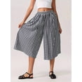 thumbnail image 2 of Black Gingham Midi Skirt Elastic Waist Wide Leg Pleated Casual, 2 of 6