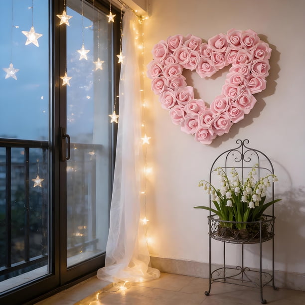 Guirnalda de Rosas Artificiales en Forma de Corazón - Decoración Colgante de Plástico Rosa, 13.77x13.77 pulgadas, Corona Floral Impermeable para Fiesta de Aniversario de Boda o San Valentín