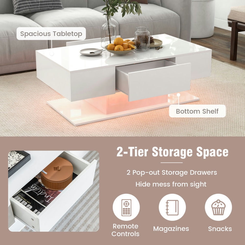Finihen Coffee Table, LED Coffee Table, Modern LED Coffee Table with 20 Color LED Lights and 2 Storage Drawers, for Living Room, Reception Room, White Finihen Coffee Table, LED Coffee Table, Modern LED Coffee Table with 20 Color LED Lights and 2 Storage Drawers, for Living Room, Reception Room, White