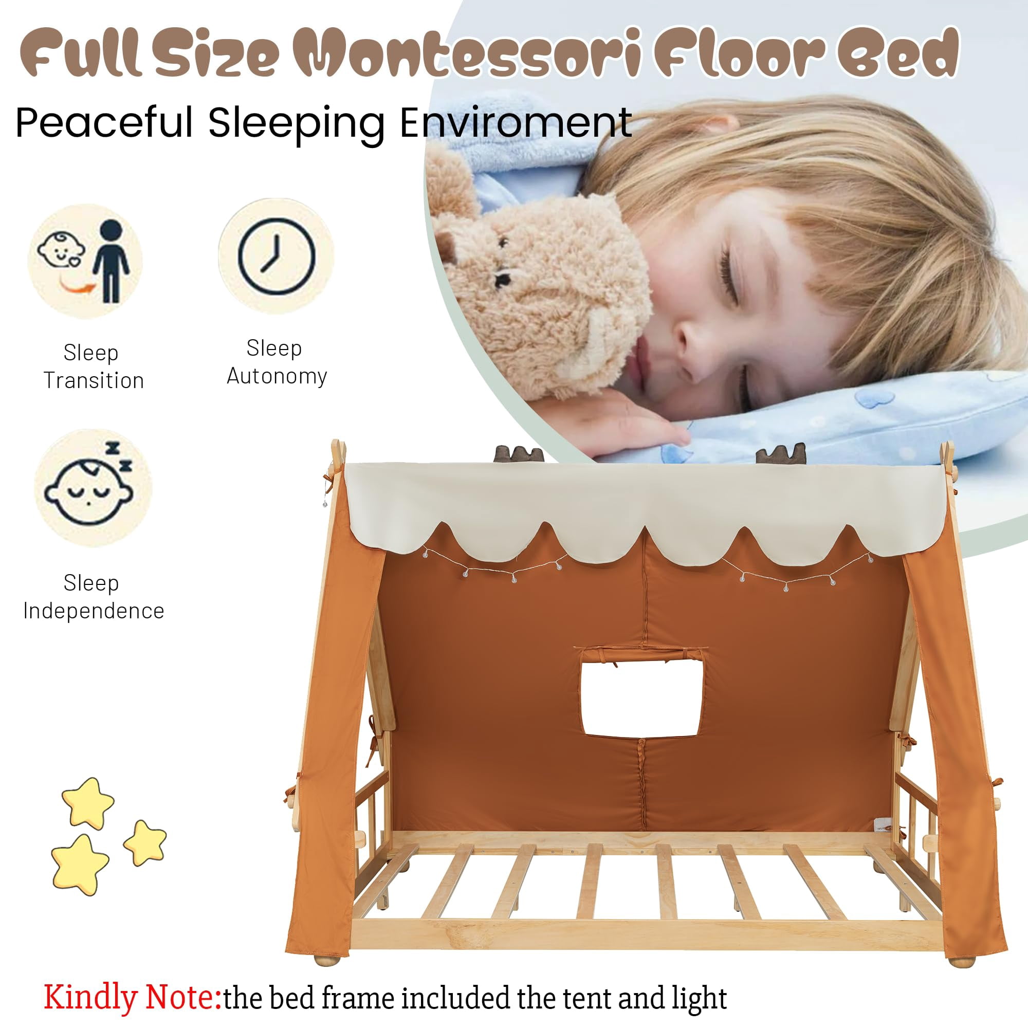 Mirightone Full Floor Bed Frame with Light, Full House Bed with Tent, Floor Bed Full with Slats, Brown + Natural