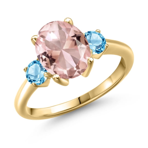 Gem Stone King 3.03 Ct Peach Nano Morganite Swiss Blue Topaz 18K Yellow Gold Plated Silver Ring (Size 5)