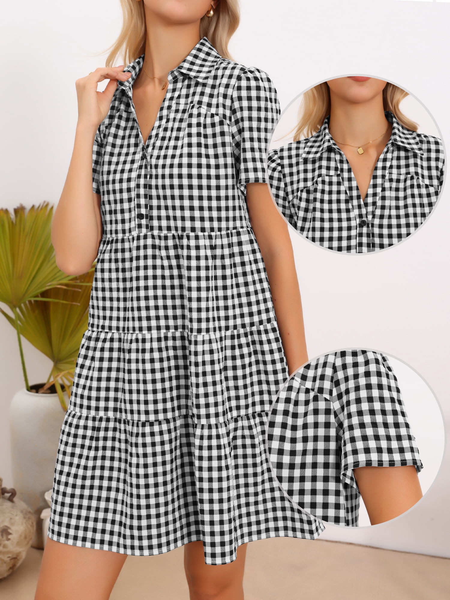 DARING DIVA Women's Vintage Collared V Neck Short Sleeve Dress XS Black