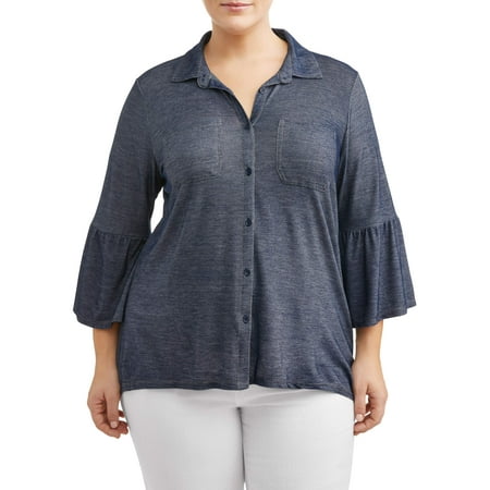 - Women's Plus Size Hi-Lo Peplum Sleeve Denim Jersey Top