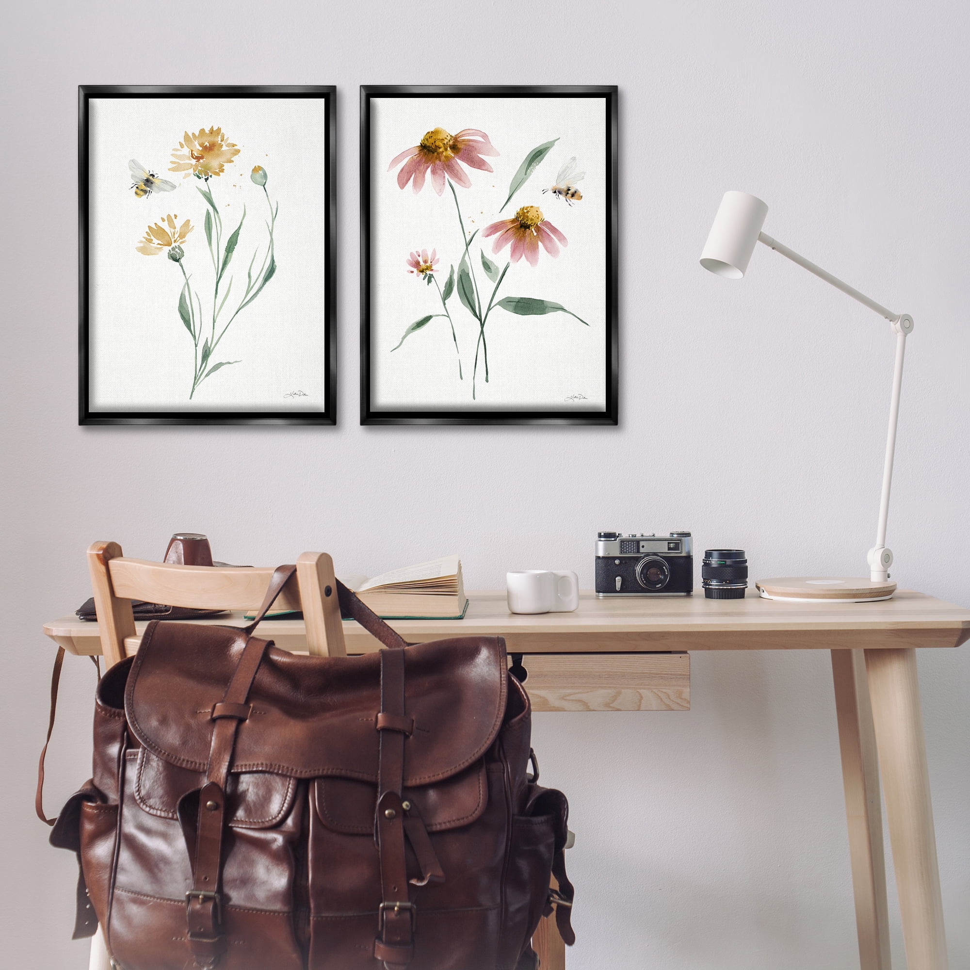 Stupell Industries Flower Stem Bees Plants & Flowers Painting Black Floater Framed Canvas Art Print Wall Art, 21 x 31, Set of 2