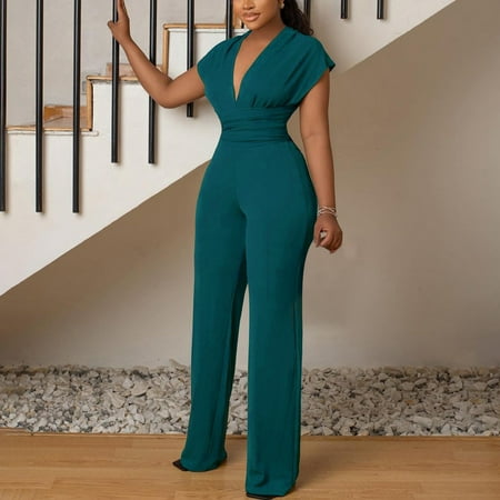 absuyy Jumpsuits for Women Casual Wide Leg Fashion With Belt Ankle Summer Solid Color Cold Shoulder Suspender Long Trousers Romper Green Size L