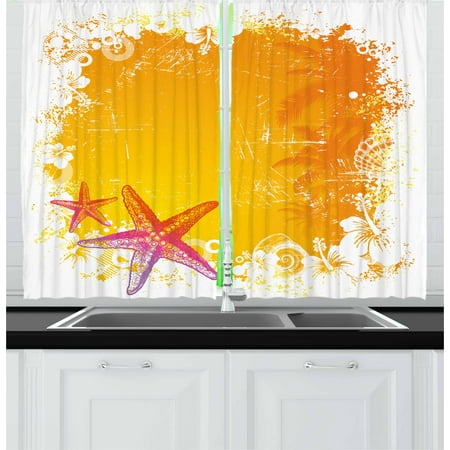 Hawaiian Living Room Starfish Curtains 2 Panels Set, Tropical Summer Beach with Exotic Flowers Seastars Hawaii Islands Fauna, Window Drapes for Living Room Bedroom, 55W X 39L Inches, Orange Yellow Pink, by Ambesonne ()