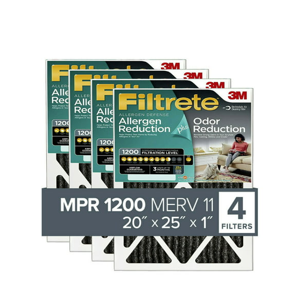 Filtrete 20x25x1 Air Filter, MPR 1200 MERV 11, Allergen Plus Odor Reduction, 4 Filters