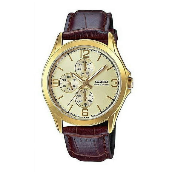 MTP-V301GL-9A Men's Standard Gold Tone Leather Band Multifunction Watch