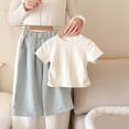 thumbnail image 2 of WRKEKC Girls 2 piece Outfits Solid Cotton Short Sleeve T Shirt and Wide Leg Linen Pants Set for 1-11 Years, 2 of 5