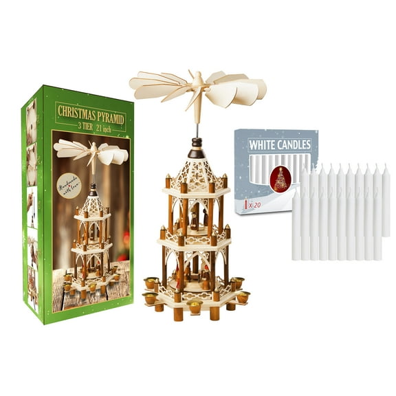 German Style Christmas Carousel Pyramid Nativity Windmill 21in -20 White Candles