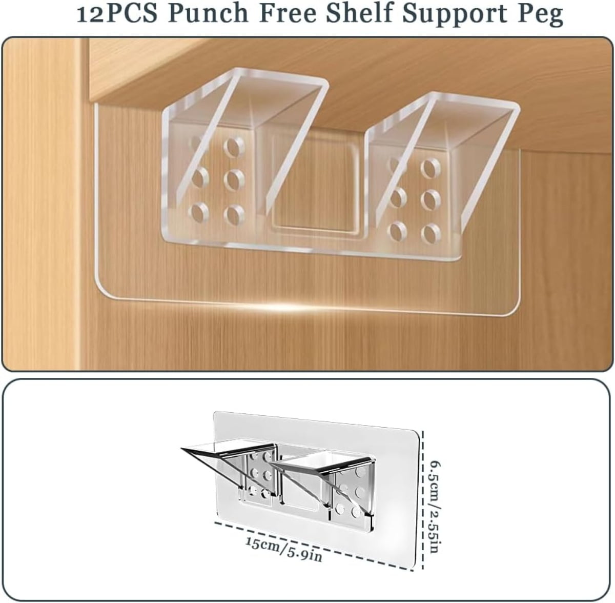 Large Size Adhesive Shelf Bracket, Double Row Shelf Bracket, No Drill Load-Bearing Shelf Peg Shelf Support for Shelves Kitchen Cabinet Book Closet, 12 Pack