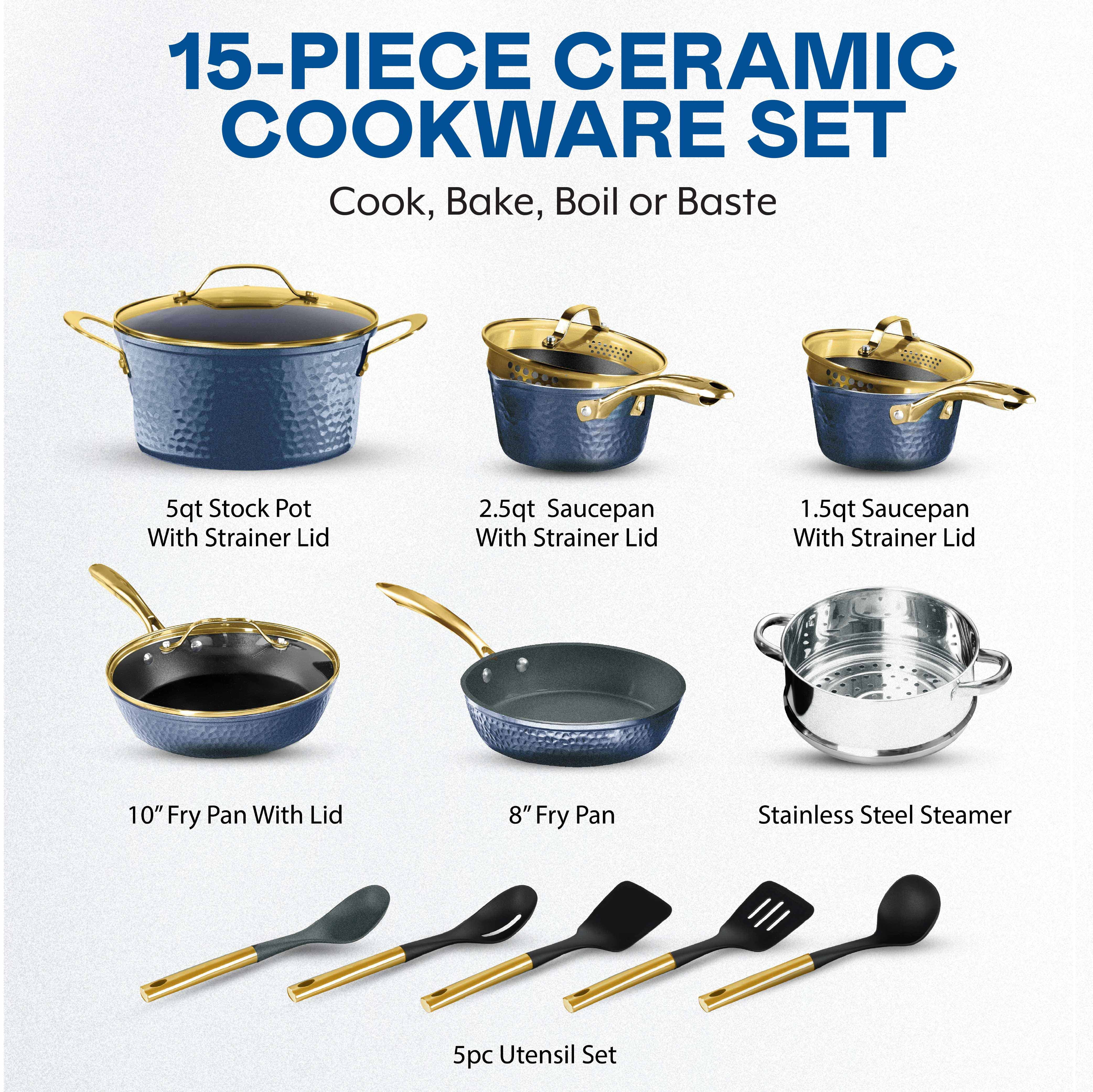 Granitestone 15 Pc Hammered Pots and Pans Set Non stick Cookware Set Pot and Pan Set Nonstick with Utensils, Induction Ready & Dishwasher Safe, Charleston Collection