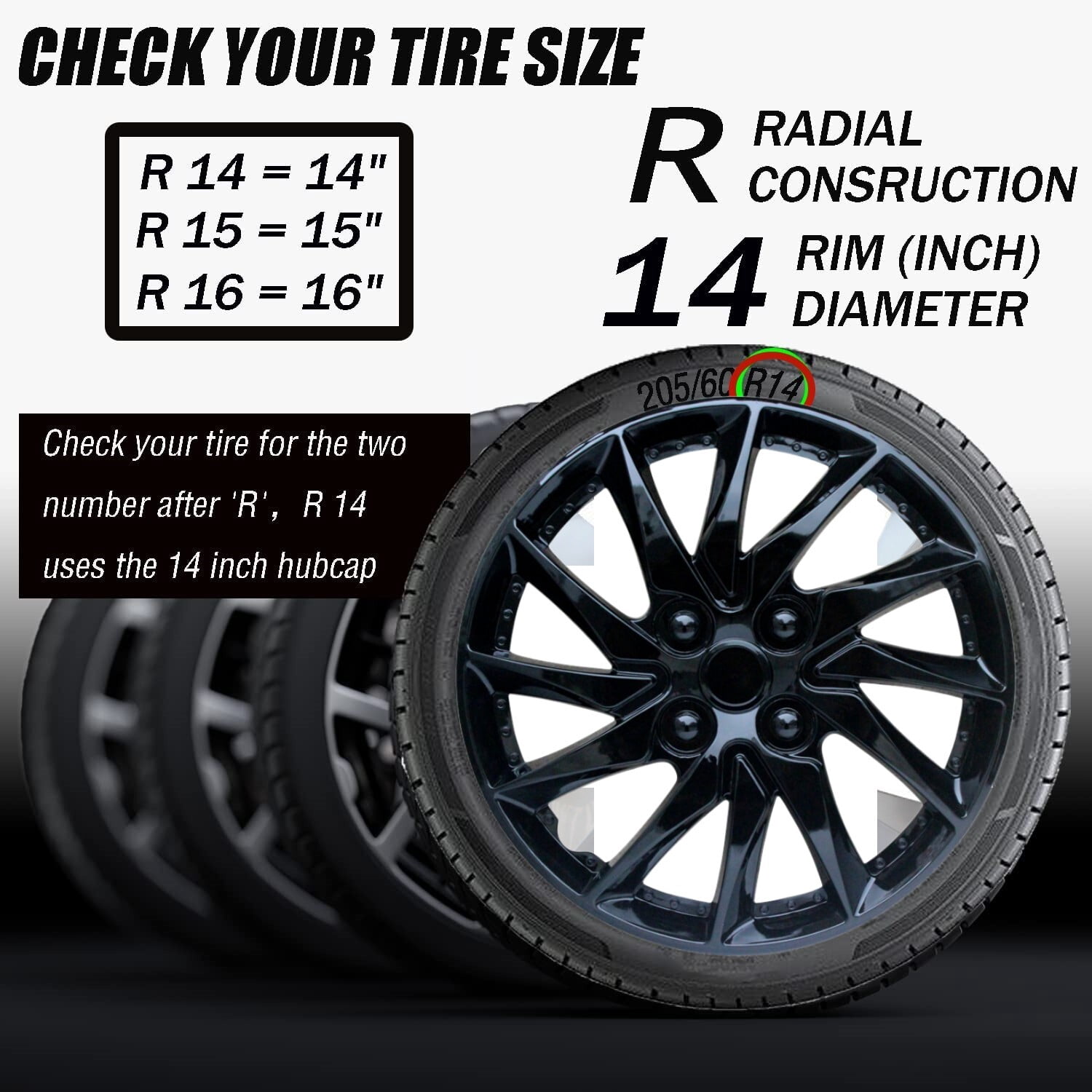 14" Wheel Covers & Hub Caps ABS Black, 4 Pack