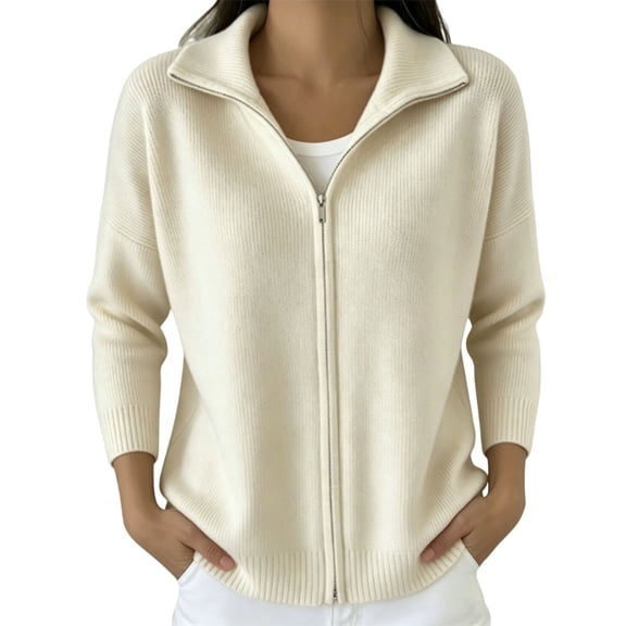 LEKODE Women Relaxed Fit Lapel Collar Full-Zip Wool Blend Cardigan Sweater Long Sleeve Ribbed Knit Lightweight Fall Winter Outerwear Beige L