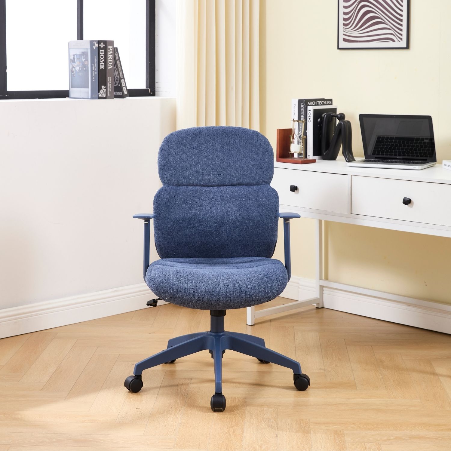 Dayalane Modern Adjustable Office Chair, Swivel Fabric Ergonomic Task Chair with Armrests, 90-120° Tilt Function and Wide Cushion Desk Chair for Home/Bedroom/Study/Office/Conference Room, Blue