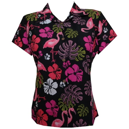 - Hawaiian Shirt 37W Women Flamingo Leaf Print Aloha Beach Blouse Black XL