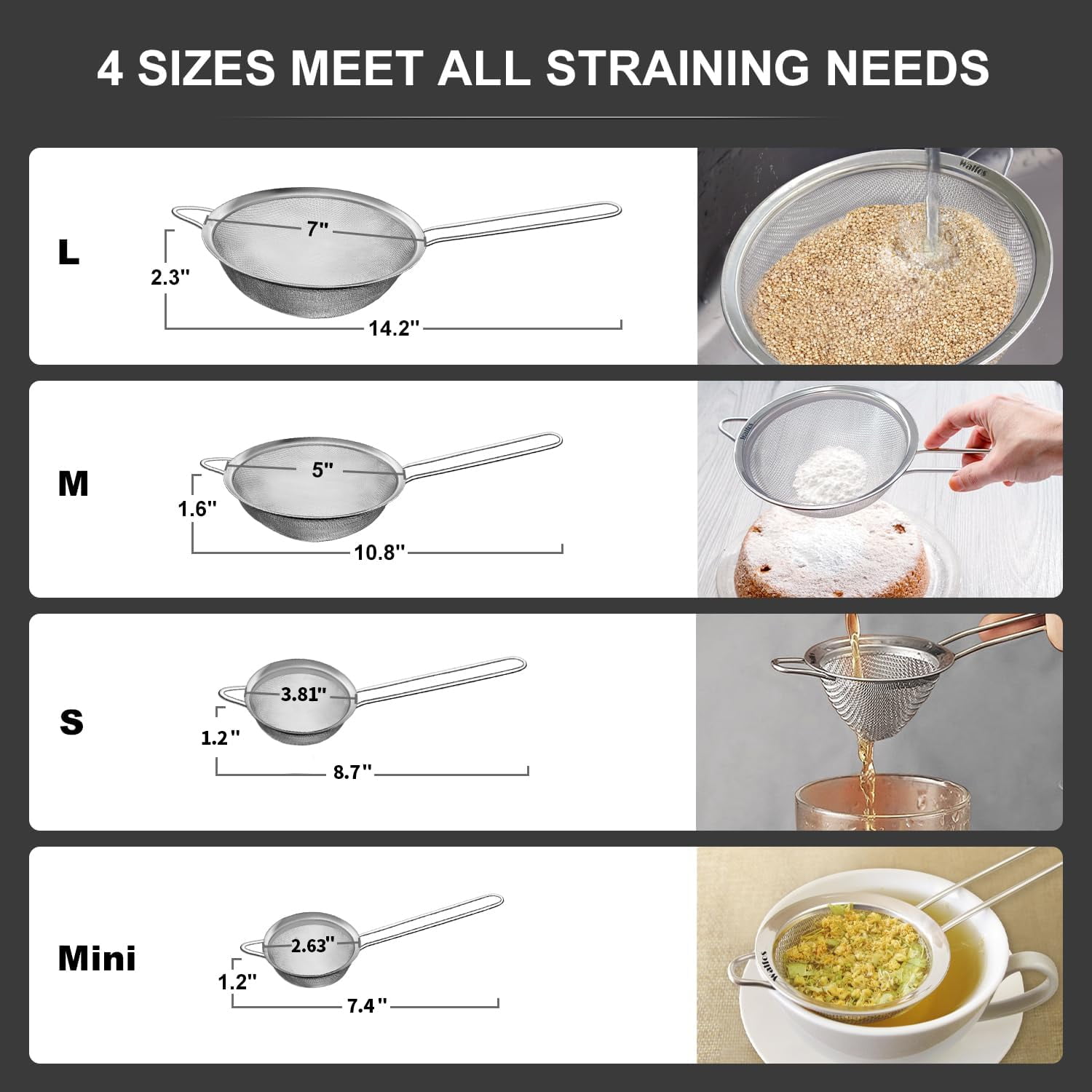 ZHUYING Fine Mesh Strainer 4PCS, Versatile Kitchen Strainer with Handle - 7", 5", 3.3", 2.8" Sieve Fine Mesh Stainless Steel, Metal Strainers and Sifters for Rice, Quinoa, Tea, Cocktail, Pasta, Juice