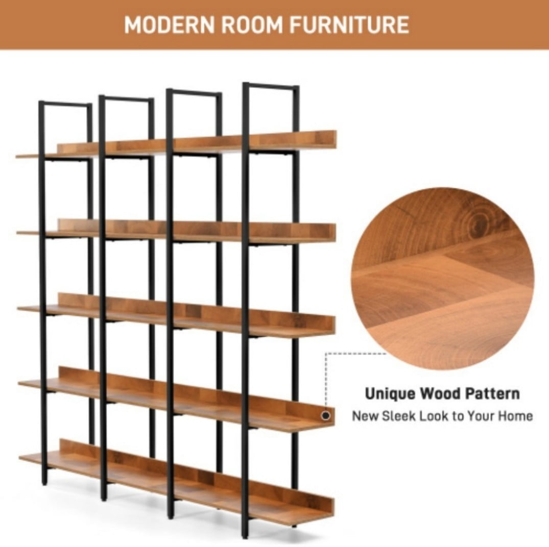 5-Tier Industrial Bookcase, Vintage Open Bookshelf with Metal Frame & MDF Shelves, 80 Lbs Per Shelf, Freestanding Display Storage Rack for Living Room & Home Office, Black+Brown