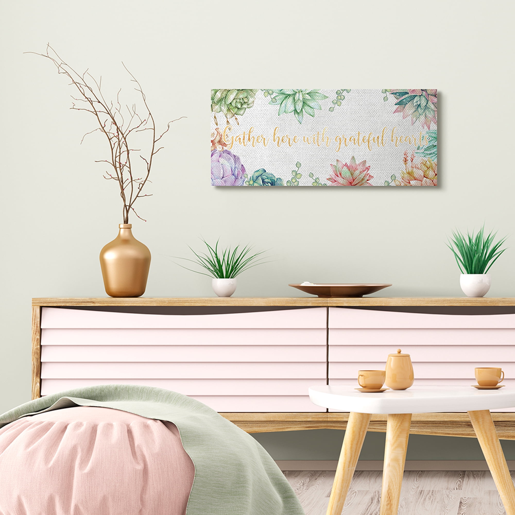 Stupell Industries Gather With Grateful Hearts Chic Succulent Florals Botanical & Floral Painting Gallery Wrapped Canvas Art Print Wall Art, 13 x 30