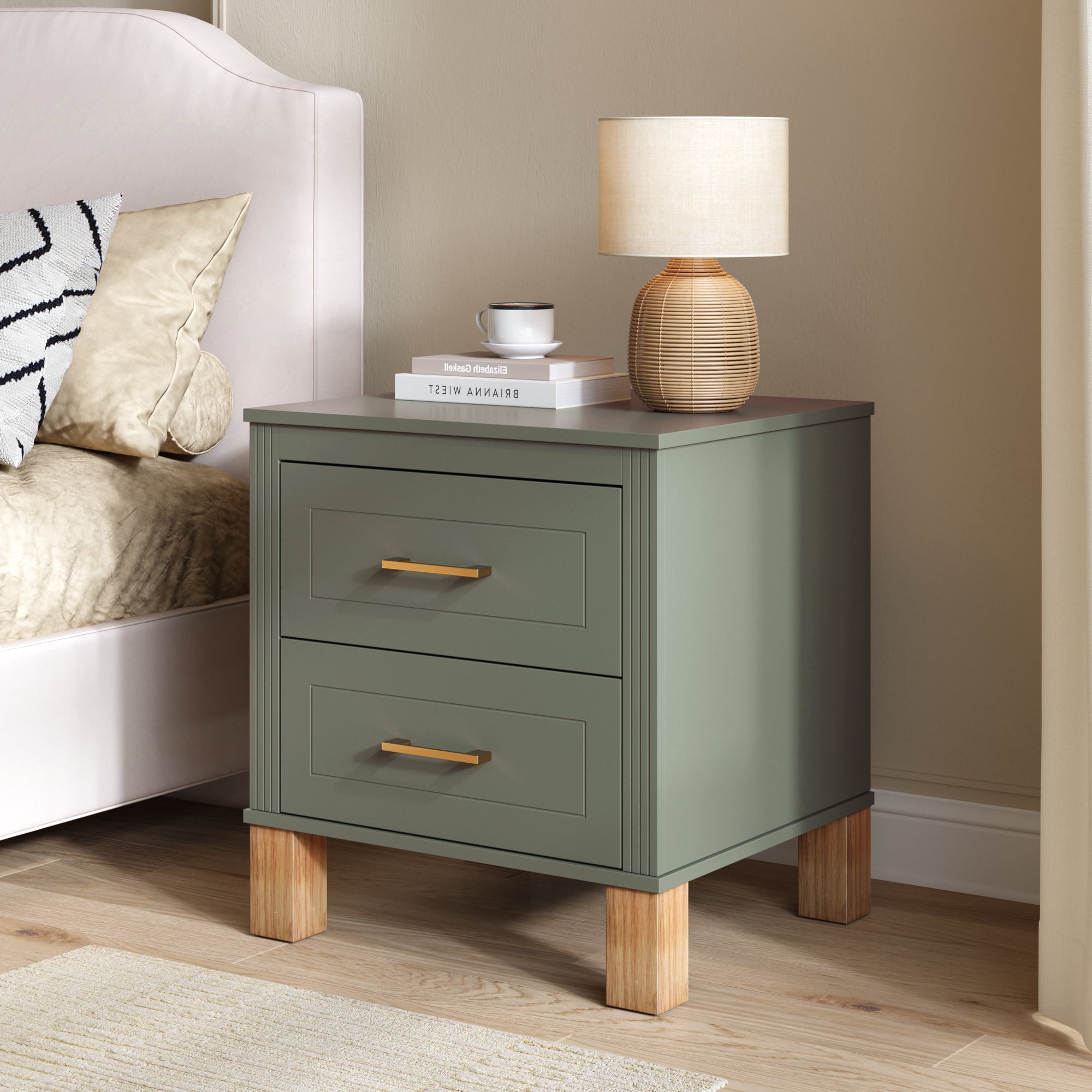 Leumius Nightstand for Bedroom,Wood Bedside Table with 2 Drawer & Solid Wood Legs,Small Storage Cabinet for Living Room,Olive