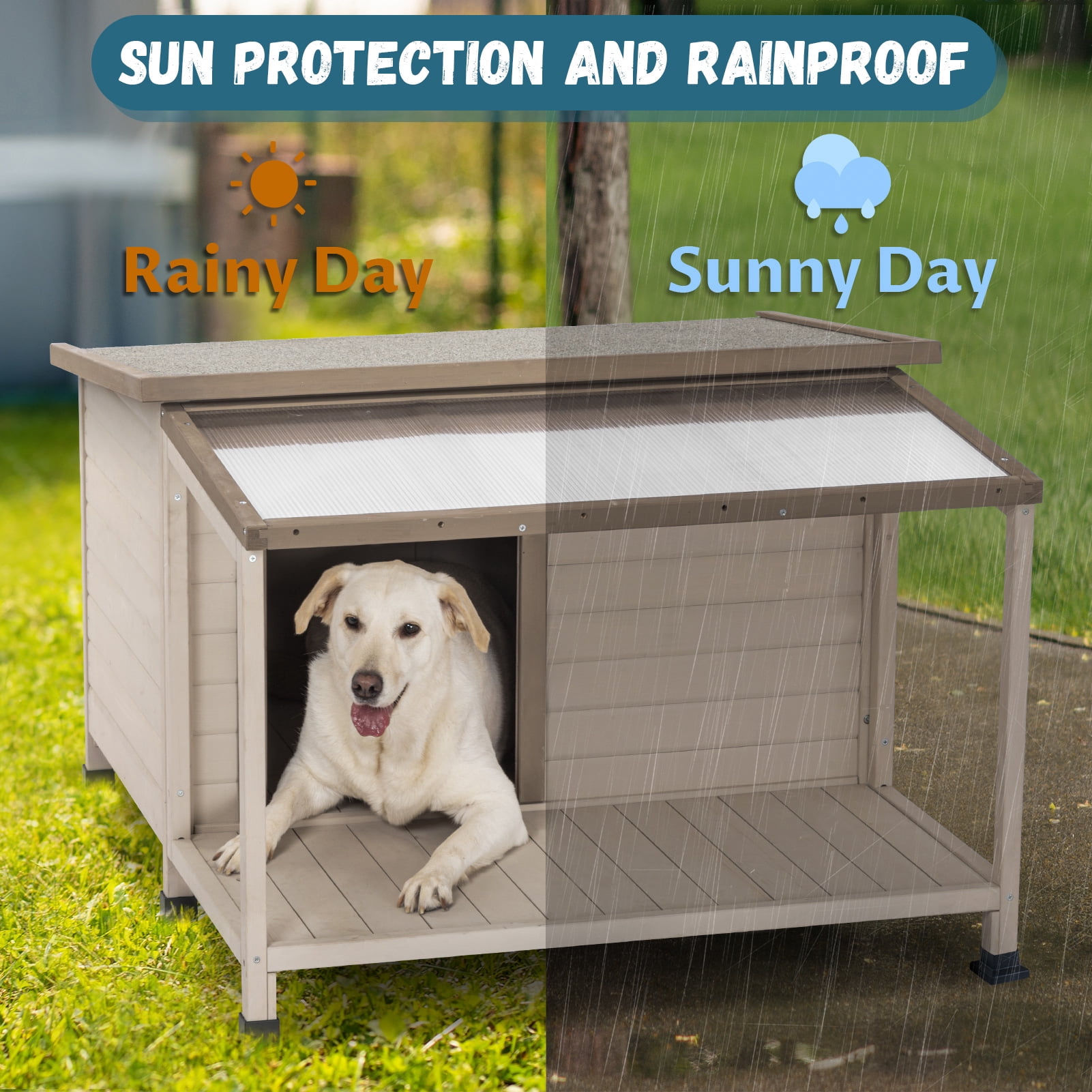 Petsfit Dog House, PVC Asphalt Roof Dog House for Large Dogs, Weatherproof Large Dog House with Extra-Large Terrace