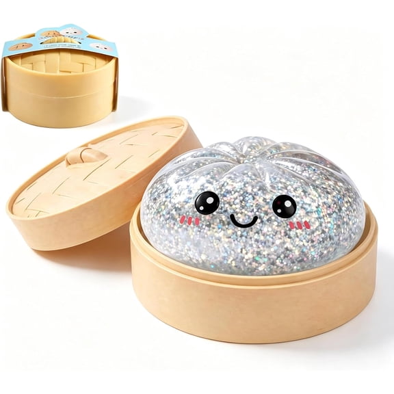New! Dumpling Squishy Squeeze Bao Bun Toy with Steamer, 2026 Christmas Glitter Dumpling Squishies, Soft Slow Rebound Stress & Anxiety Relief Sensory Fidget Ball for Adults (Sliver)