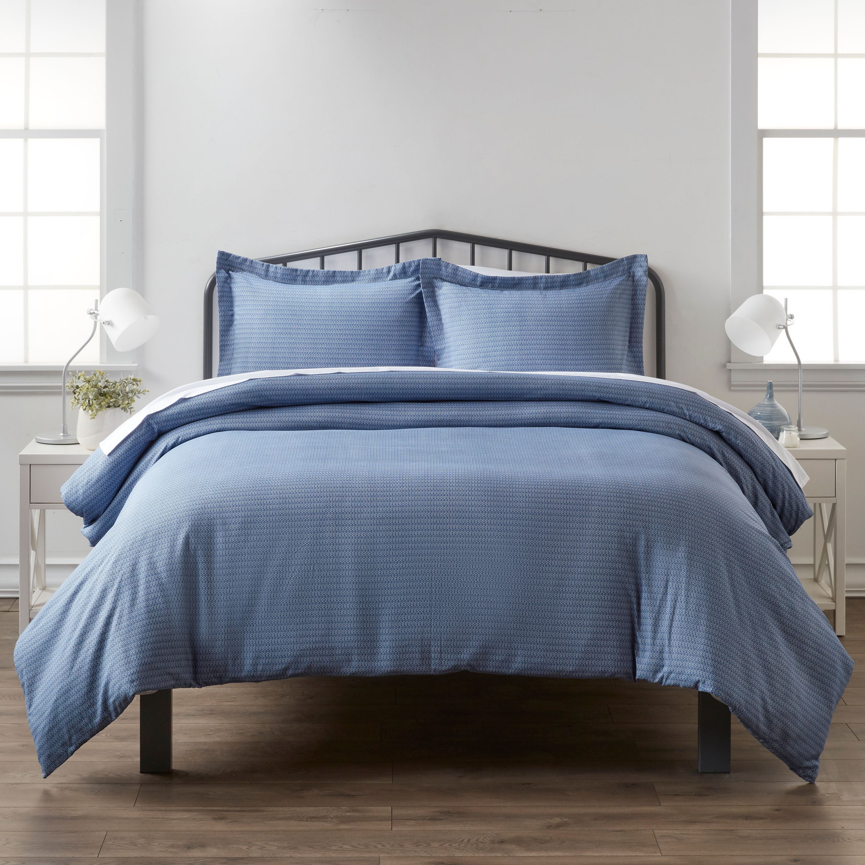Noble Linens Navy Blue Diamond Pattern 3-Piece Duvet Cover Set, Full/Queen