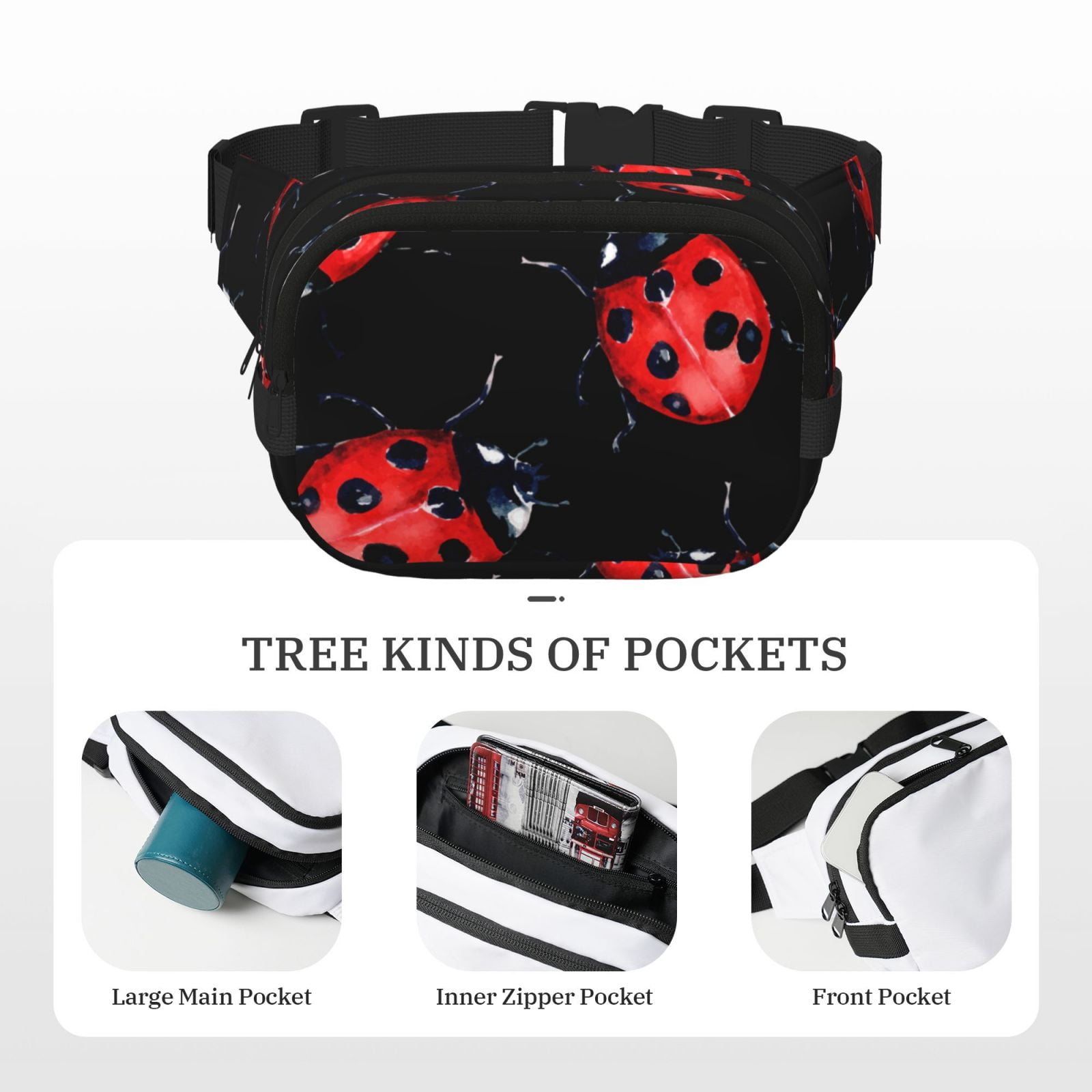 Hirioo Beautiful Red Ladybug for Double Layer Waist Bag Adjustable Fanny Pack For Travel Running Hiking