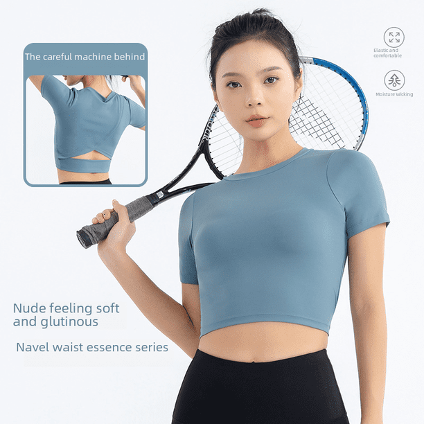Ropa de yoga de primavera y verano, camiseta deportiva de manga corta con ombligo descubierto para mujer, ropa de fitness ajustada de secado rápido