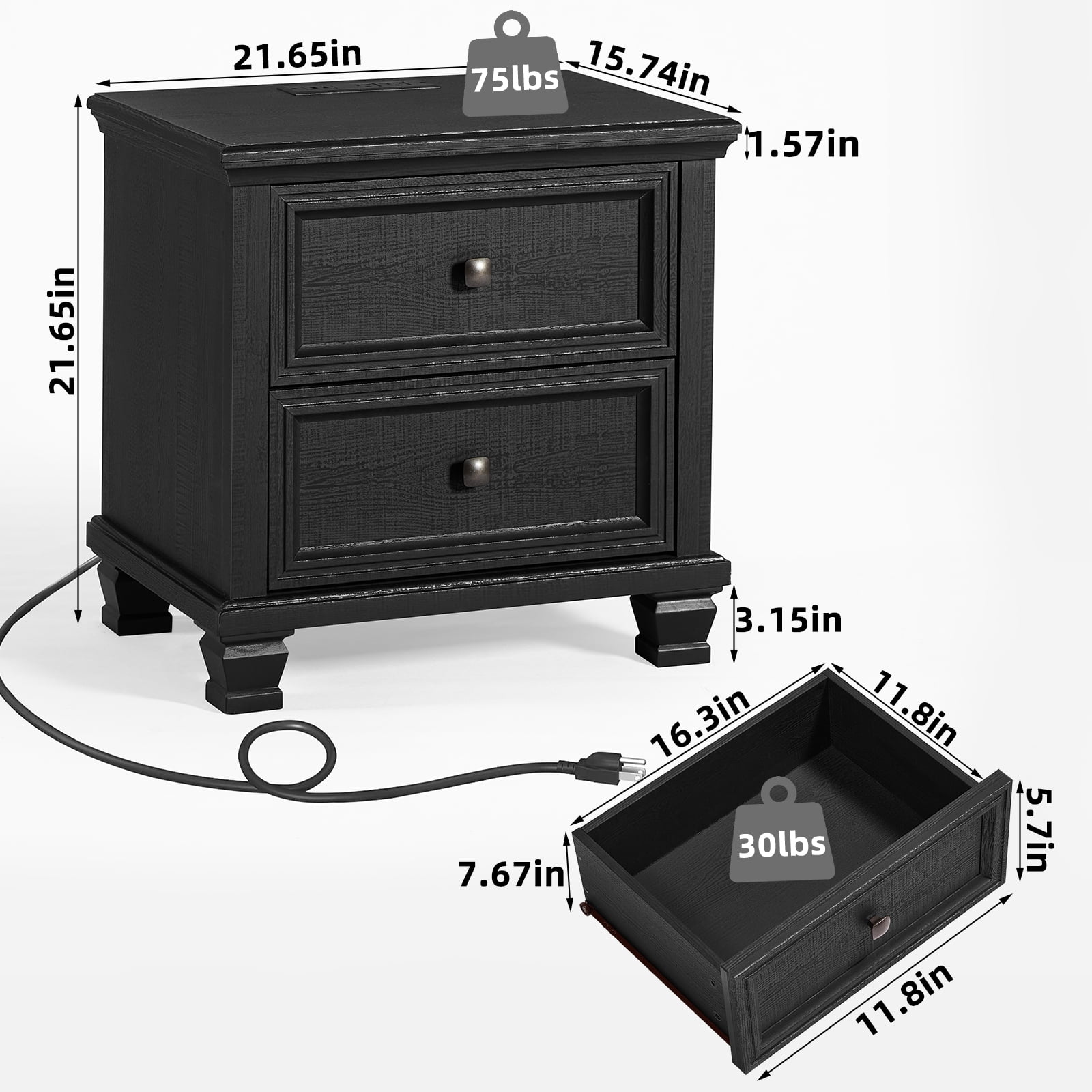 Buildhom Farmhouse Nightstand with Charging Station, 2-Drawer Rustic End Table with Solid Wood Legs for Bedroom, Black
