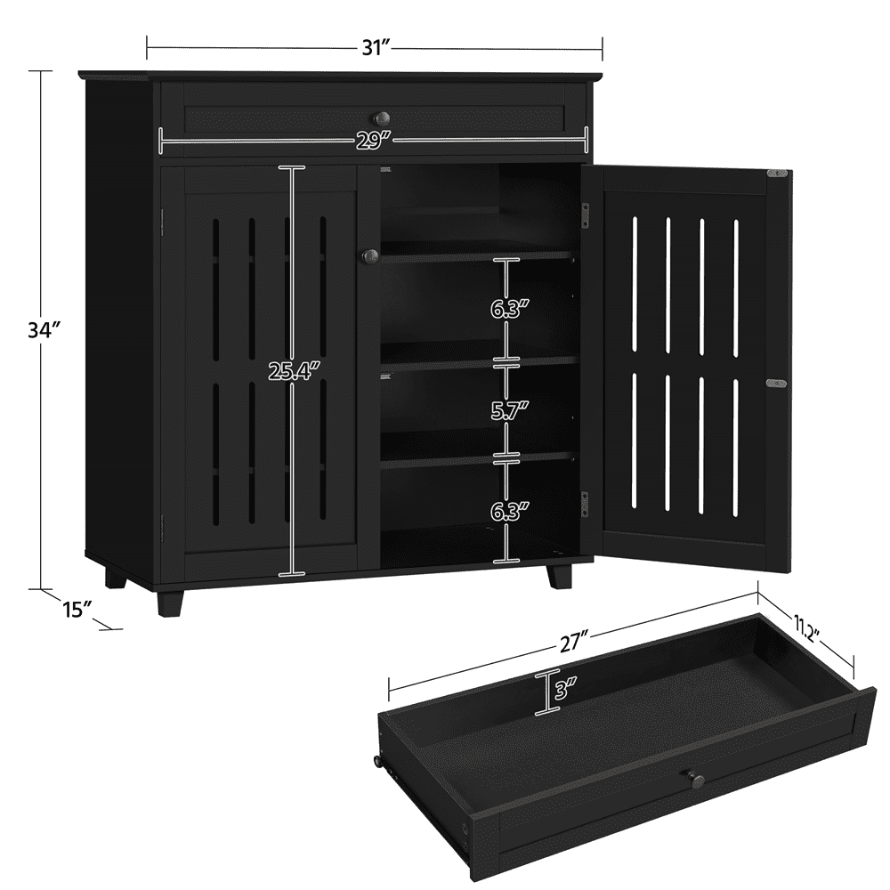 Alden Design 4 Tier Wooden Shoe Storage Cabinet with 1 Drawer for Entryway, Black