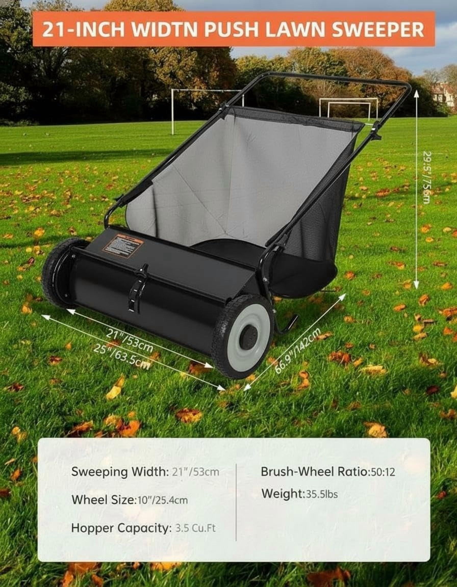 TEQIN Push Lawn Sweeper,21 In Leaf Sweeper With 7 Cu. Ft. Capacity,Adjustable Brush Height & Spinning Brushes, Heavy Duty Yard Sweeper Lawn Sweeper Push For Leaves Grass Cleanup