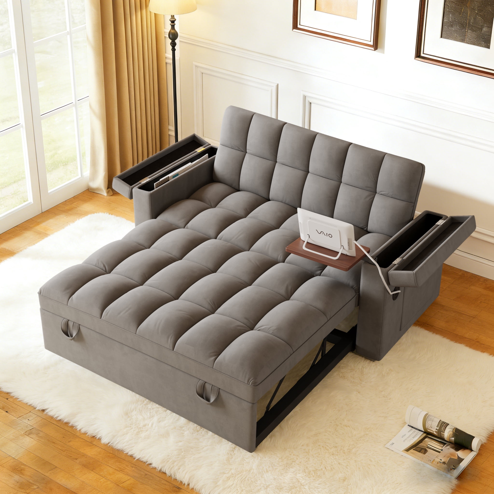 Gewnee 65" Foldable Sofa Bed with Table Board & USB,5-Level Adjustable Backrest & Pillow & Storage Armrests,Space-Saving for Living Room,Apartment,Office.Dark Grey
