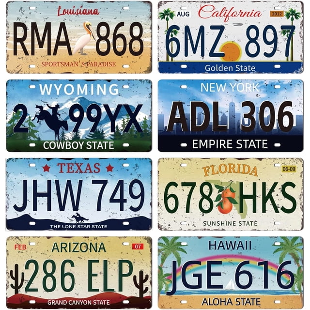 8 placas de matrícula vintage de metal, letreros de hierro, carteles decorativos de pared de metal retro, 11,8 x 5,9 pulgadas, para el hogar, bar, cafetería, club, decoración de habitaciones bohemias