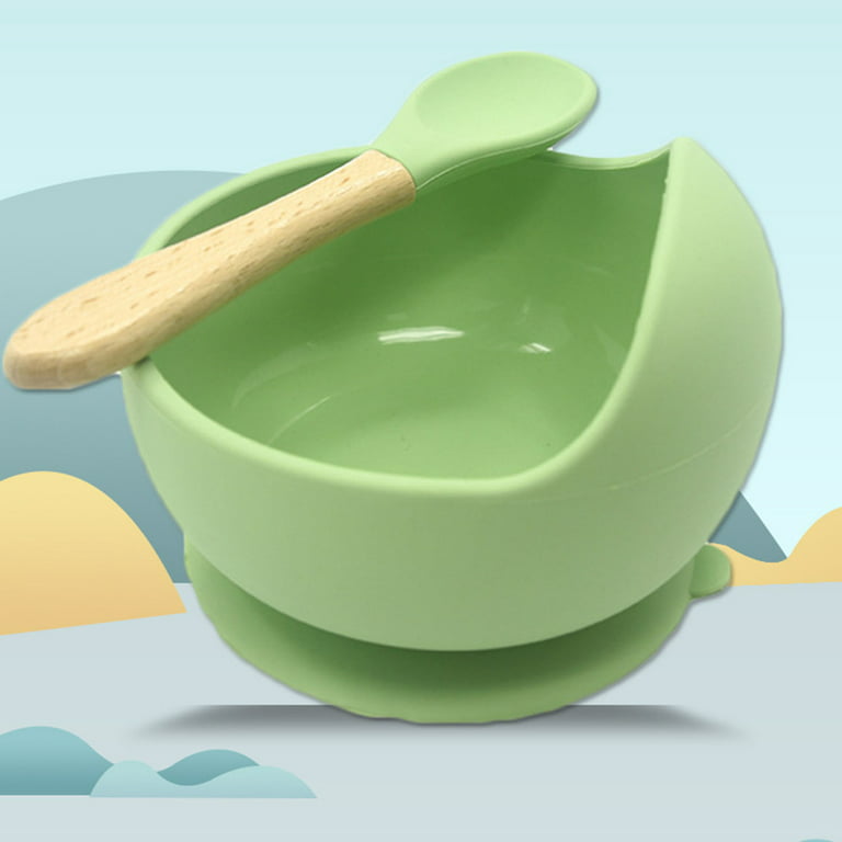 Grofry Baby Silicone Spoon Bowl Set with Suction Cup Eating Training Anti-Slip Dinnerware for Children, Green