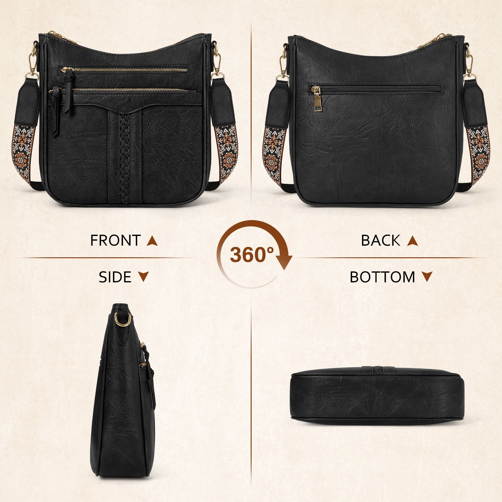 RAINSMORE Crossbody Bags for Women Leather Shoulder Handbags Trendy Crossbody Purses Soft Lightweight Travel Purse,Black