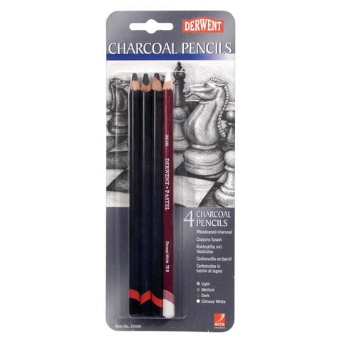 Derwent Wood Cased Charcoal Pencils Assorted Color, 4 Pieces