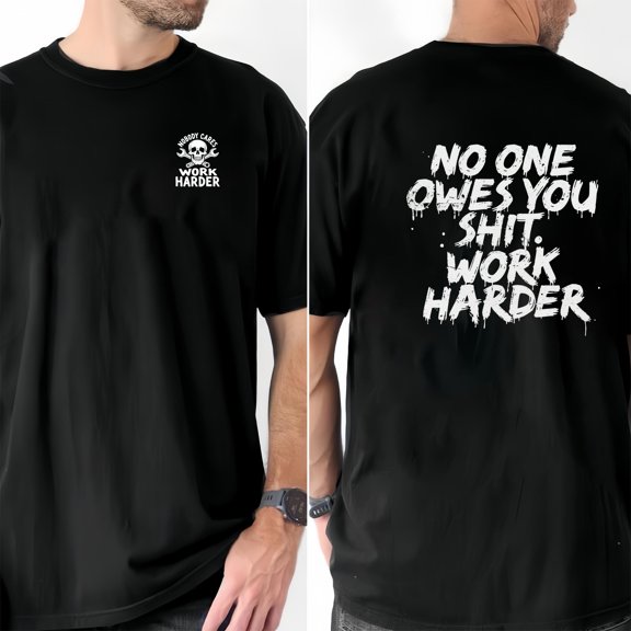 Work Harder Graphic Tee Shirt Motivational Skull Design Tops Fashion Round Neck Short Sleeve Black S-5XL